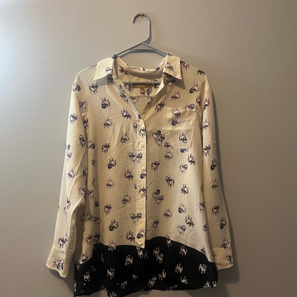 Ellen Tracy‎ French Bulldogs Shirt Button Up Tunic Roll Tab Sleeves Women's L